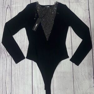 Fashion Nova Black Bodysuit with Rhinestone Accent